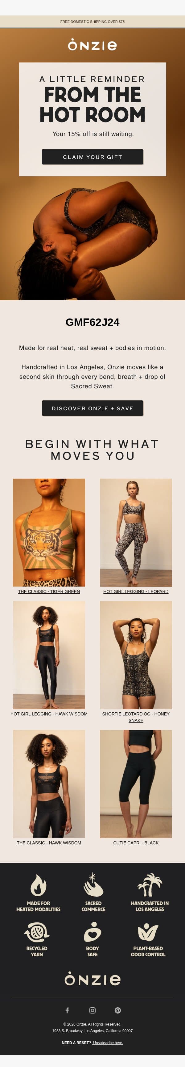 A Reminder From the Hot Room email from Onzie screenshot