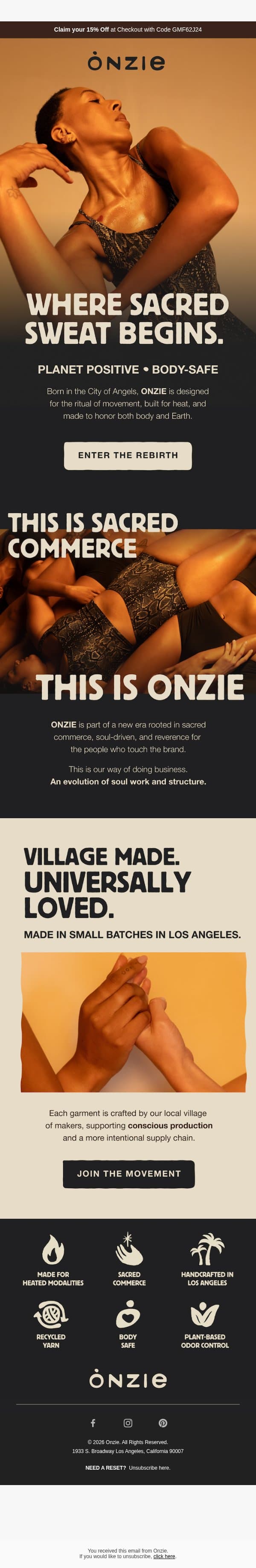 This is Sacred Commerce. This is ONZIE. email from Onzie screenshot
