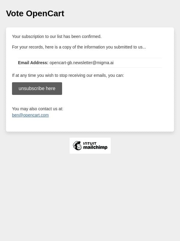 OpenCart Members: Subscription Confirmed email from OpenCart screenshot