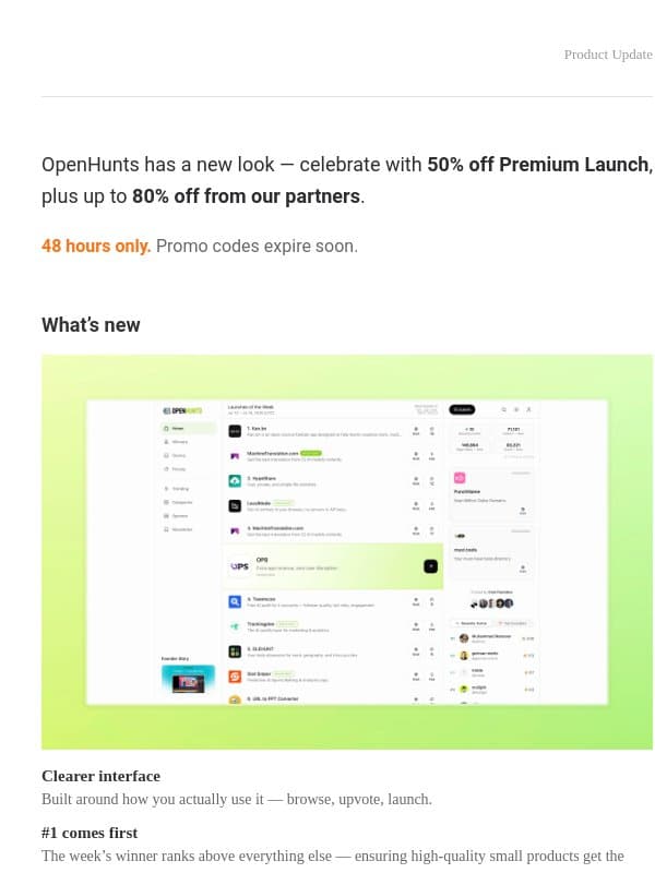 New look + deals live for 48 hours only. email from OpenHunts