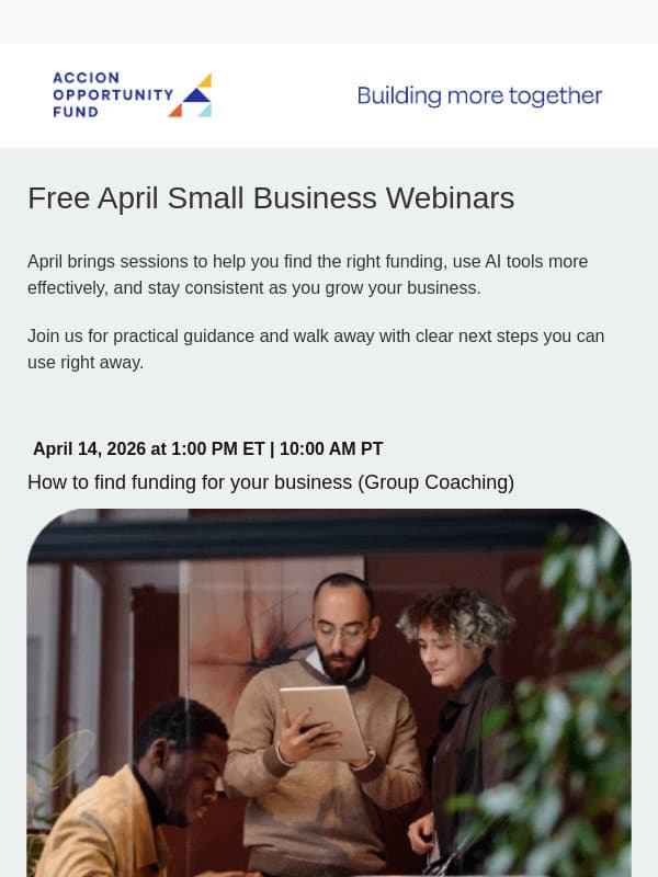Pick your April sessions (all free) email from Opportunity Fund