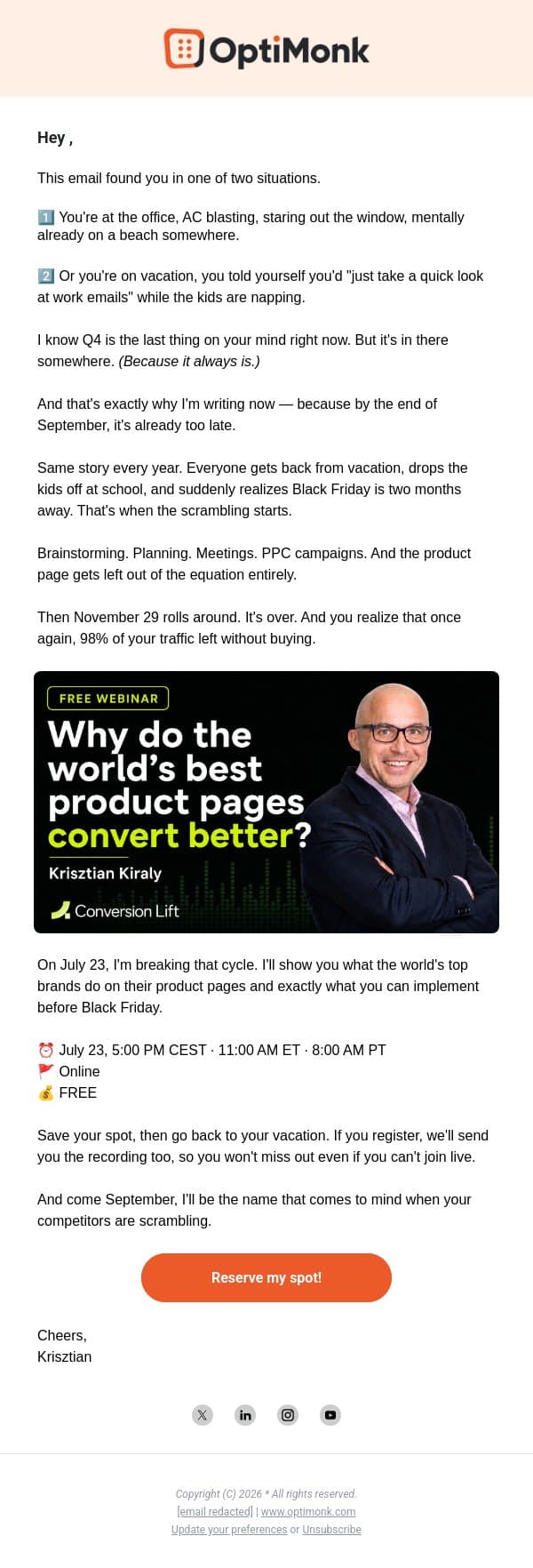 Don't think about Black Friday! email from OptiMonk screenshot