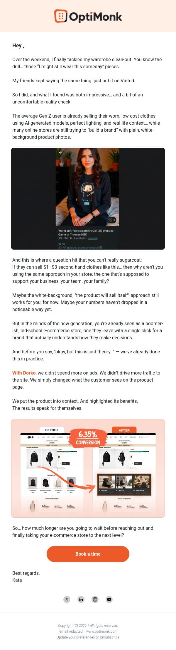 A 22-year-old girl is already outperforming your store email from OptiMonk screenshot