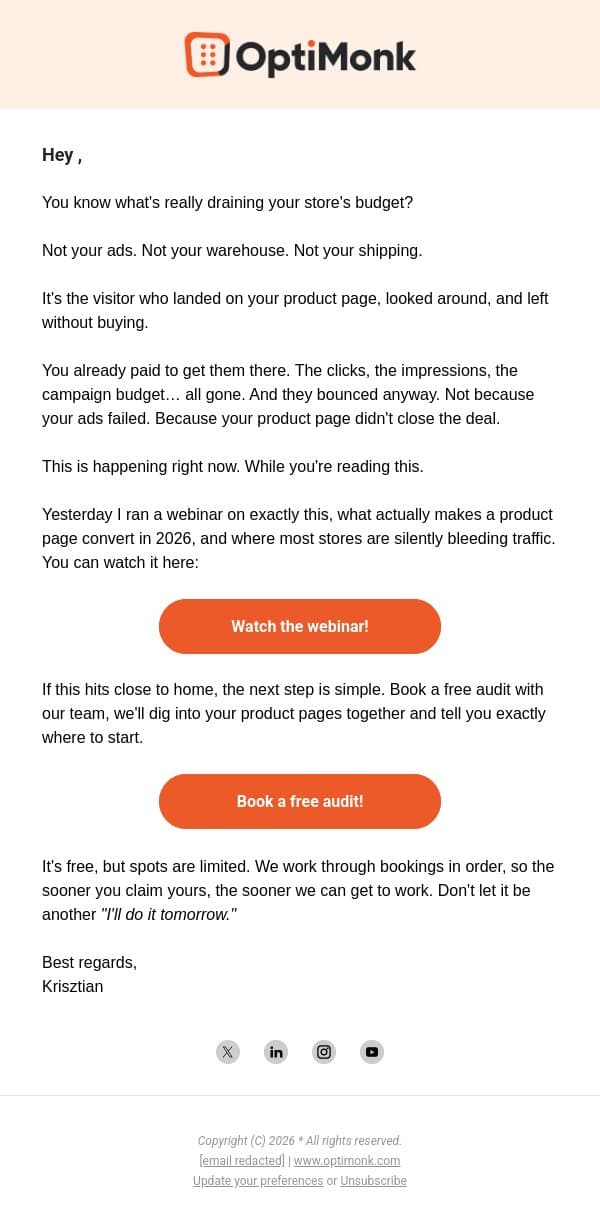 PPC isn't your biggest expense. Your product page is. email from OptiMonk screenshot