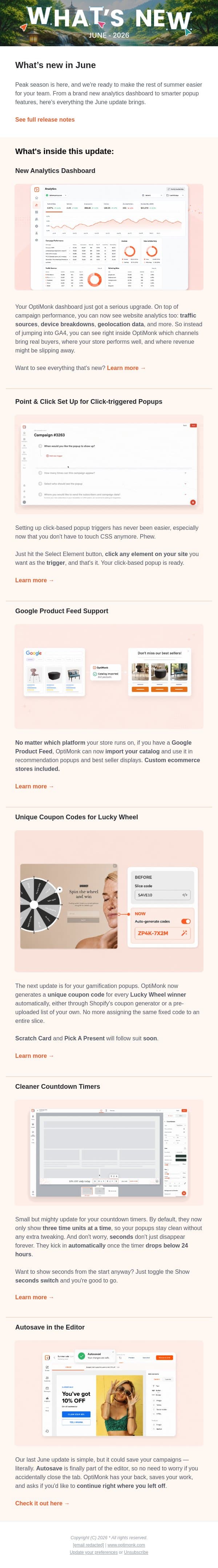 🚀 What’s new: Analytics, Google Product Feed, and more! email from OptiMonk screenshot