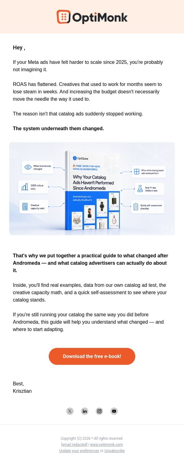 Scaling Meta ads got harder. Here’s why. email from OptiMonk screenshot