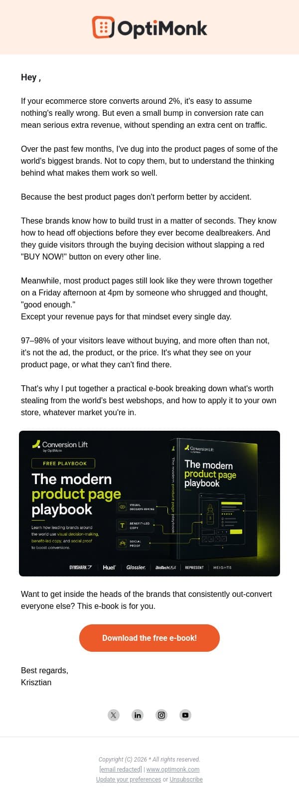 The best product pages convert above 6%. And yours? email from OptiMonk screenshot