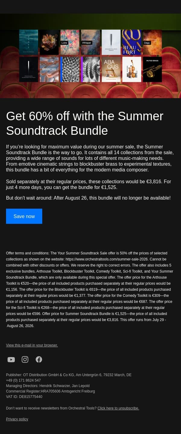 Maximum savings—for just 4 more days email from Orchestral Tools screenshot