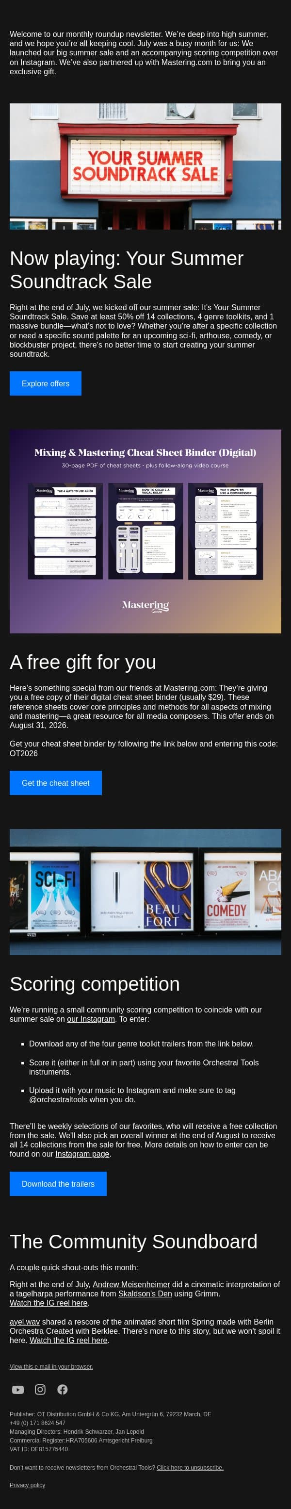 Scoring competition and your free gift—your July recap is here email from Orchestral Tools screenshot