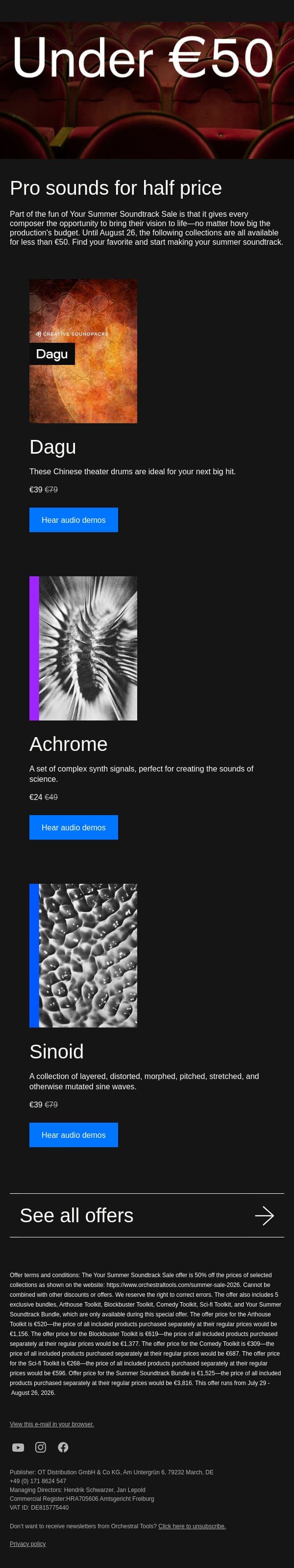 Pro sounds under €50 🥳 Your Summer Soundtrack Sale email from Orchestral Tools screenshot