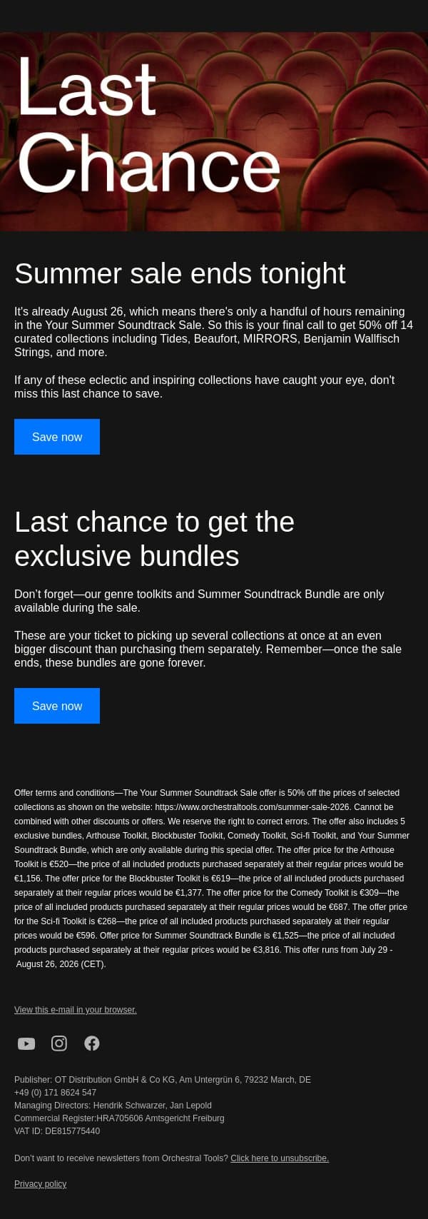 Final hours 🚨Sale ends tonight email from Orchestral Tools screenshot