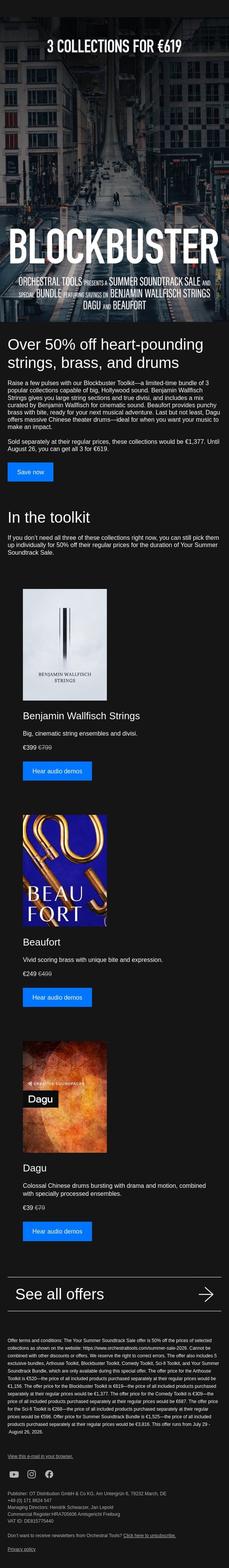 Make an impact with 50% off these blockbuster sounds email from Orchestral Tools screenshot