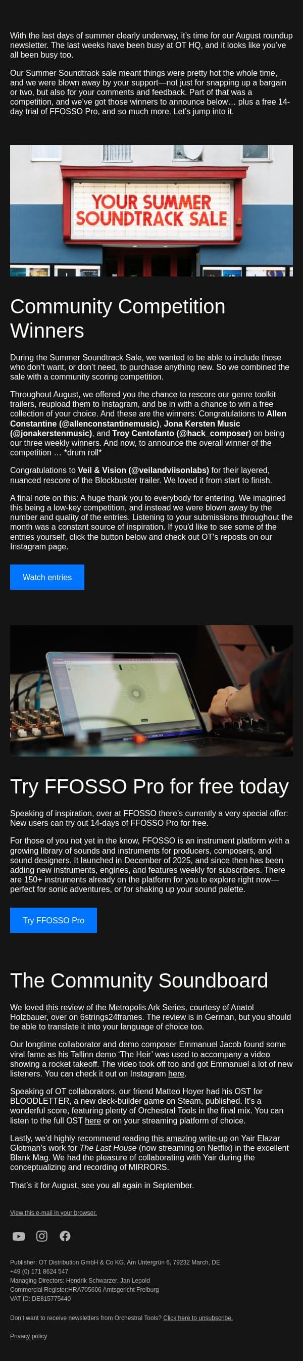 Competition winners announced, free FFOSSO Pro trial, and more email from Orchestral Tools screenshot