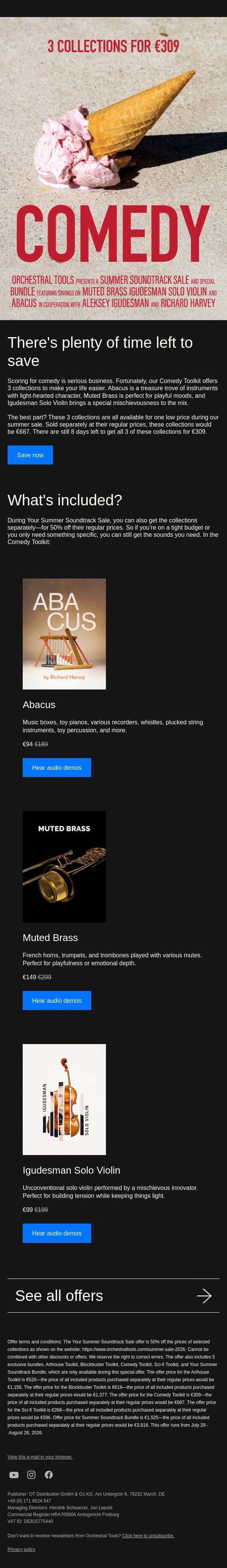Save 50% or more and add character, wit, and charm to your music email from Orchestral Tools screenshot