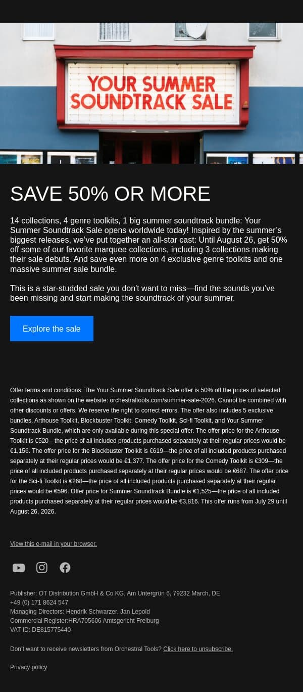 Your Summer Soundtrack Sale: 50% off selected collections + exclusive bundles email from Orchestral Tools screenshot