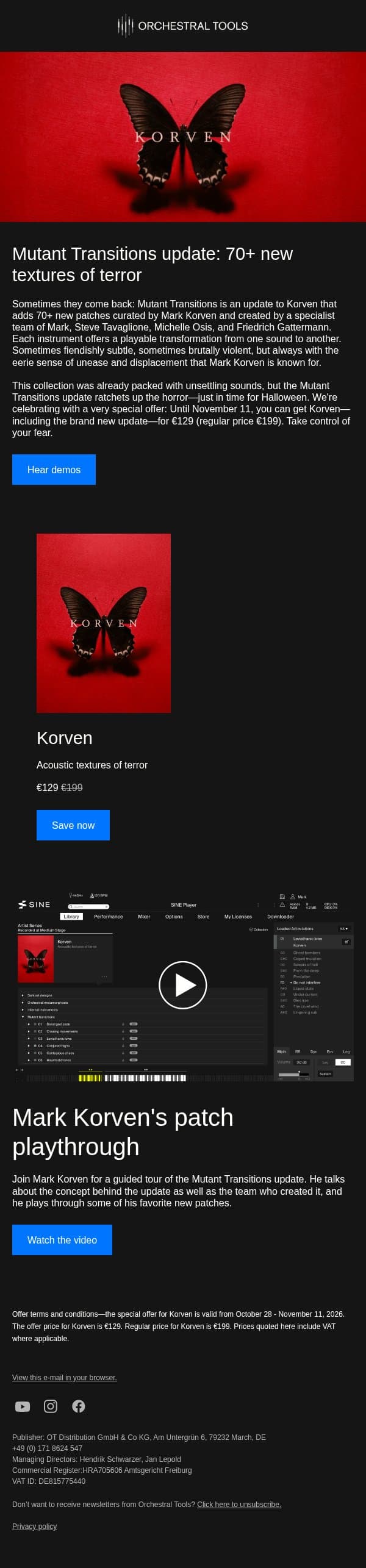Out now: Korven—Mutant Transitions update—special price! email from Orchestral Tools screenshot