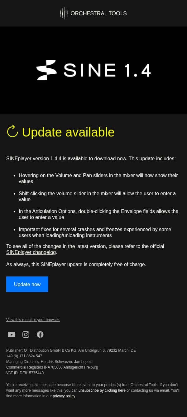 FREE SINE update: Version 1.4.4 is available to download now email from Orchestral Tools screenshot