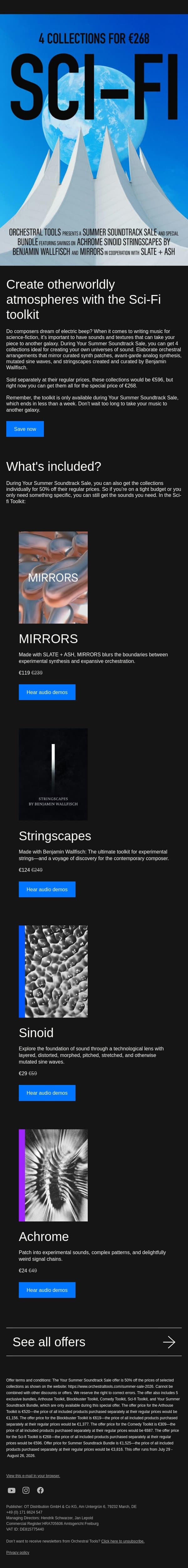 👽 Hello, take your music to another dimension with 50% off Sci-Fi collections email from Orchestral Tools screenshot