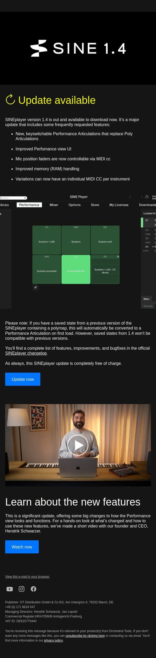 FREE SINE update: Version 1.4 is available to download now email from Orchestral Tools screenshot