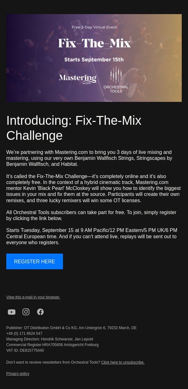 Free online mixing workshop, and a chance to win Benjamin Wallfisch Strings email from Orchestral Tools screenshot