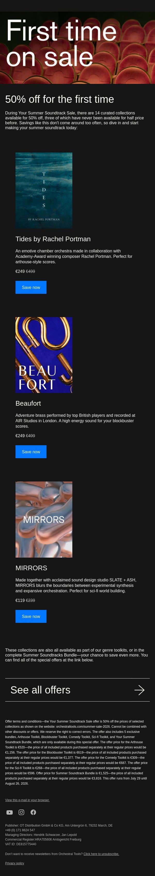 Half price for the first time: Tides, Beaufort, MIRRORS email from Orchestral Tools screenshot