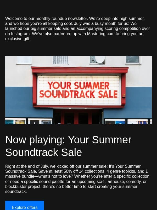 Scoring competition and your free gift—your July recap is here email from Orchestral Tools