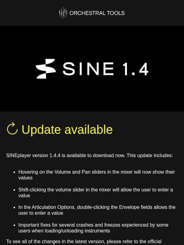FREE SINE update: Version 1.4.4 is available to download now email from Orchestral Tools