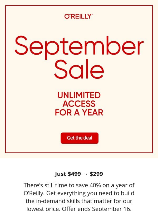 Reminder: Our 40% off September sale ends soon. email from O'Reilly Media