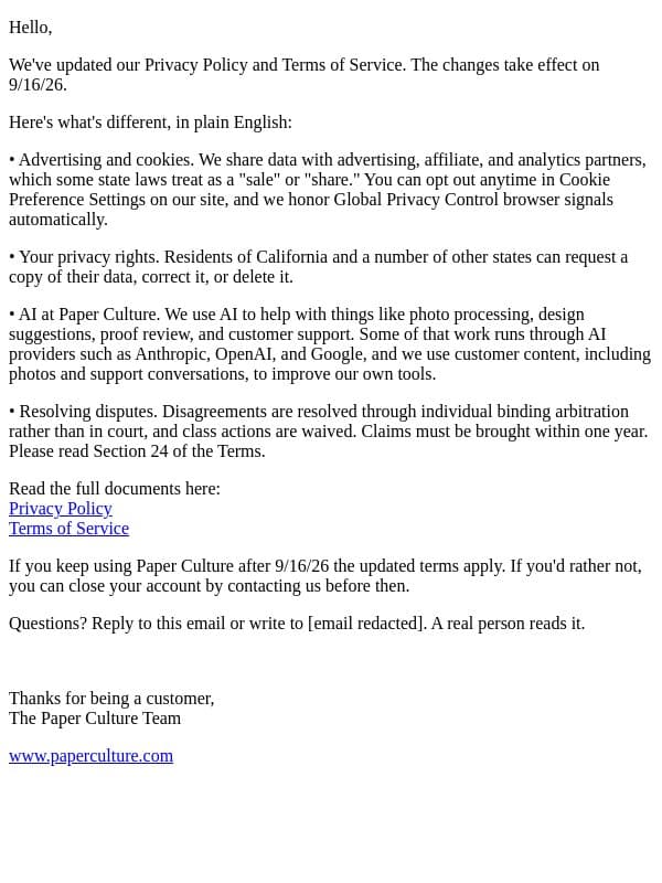 Updates to our Privacy Policy and Terms of Service email from Orgain