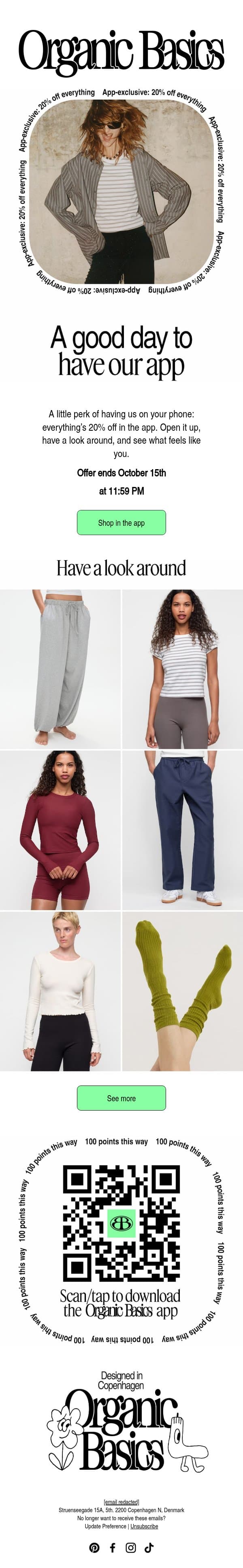 20% off everything, only in the app email from Organic Basics screenshot
