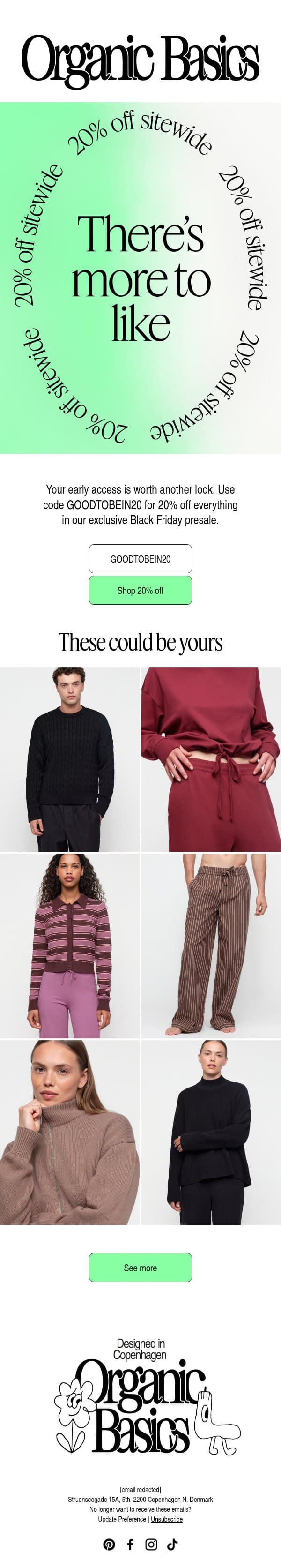 Reminder: your exclusive 20% off is waiting email from Organic Basics screenshot