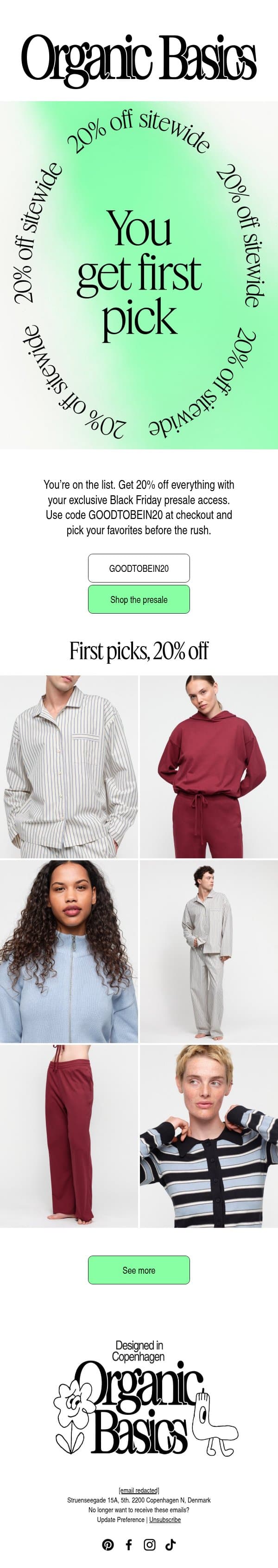 Your exclusive Black Friday presale starts now email from Organic Basics screenshot
