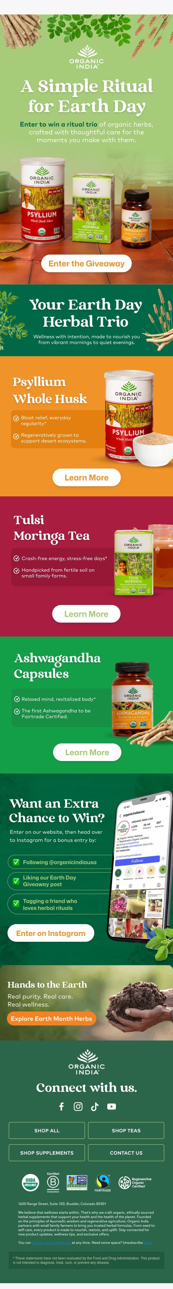 🌍Earth Day GIVEAWAY! email from Organic India screenshot