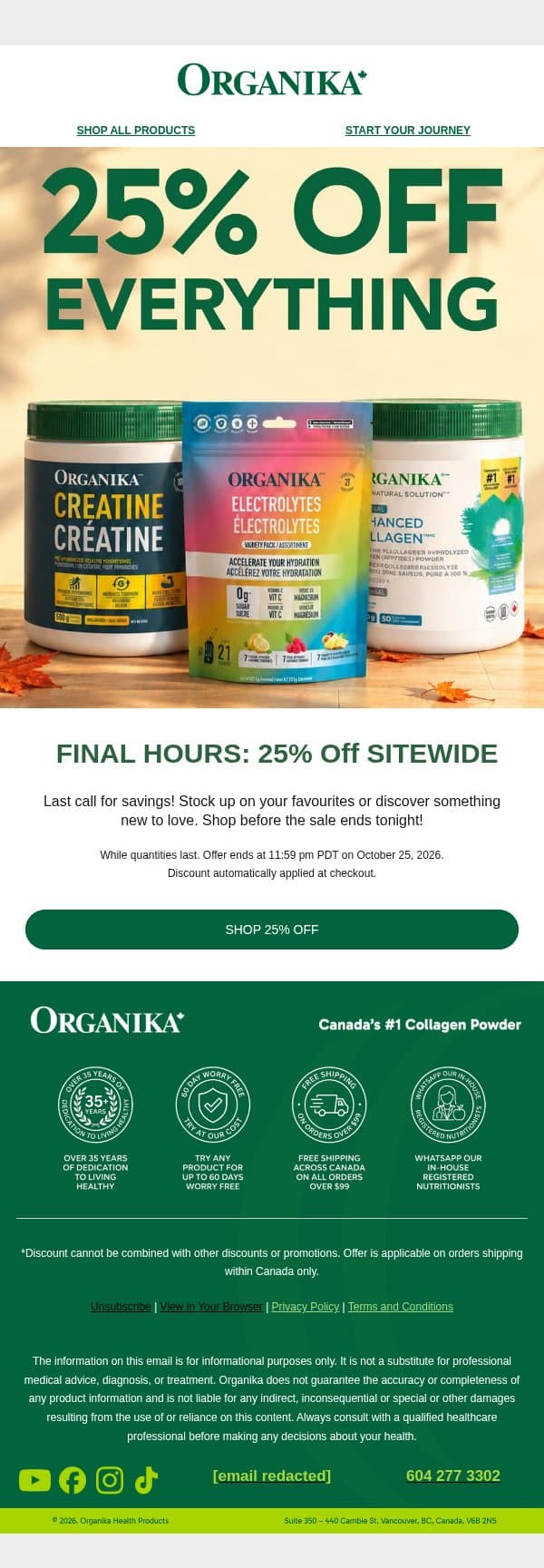 Last day! 25% OFF ends tonight email from Organika screenshot