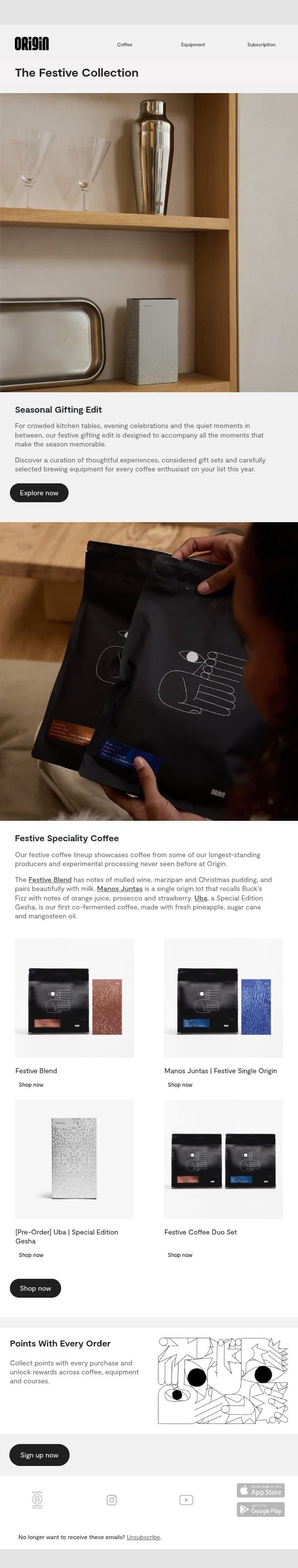 Our Festive Collection Has Arrived email from Origin Coffee screenshot