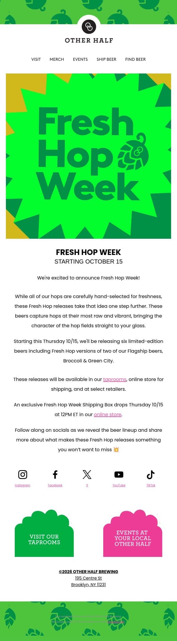 Fresh Hop Week is Coming! email from Other Half Brewing Company screenshot