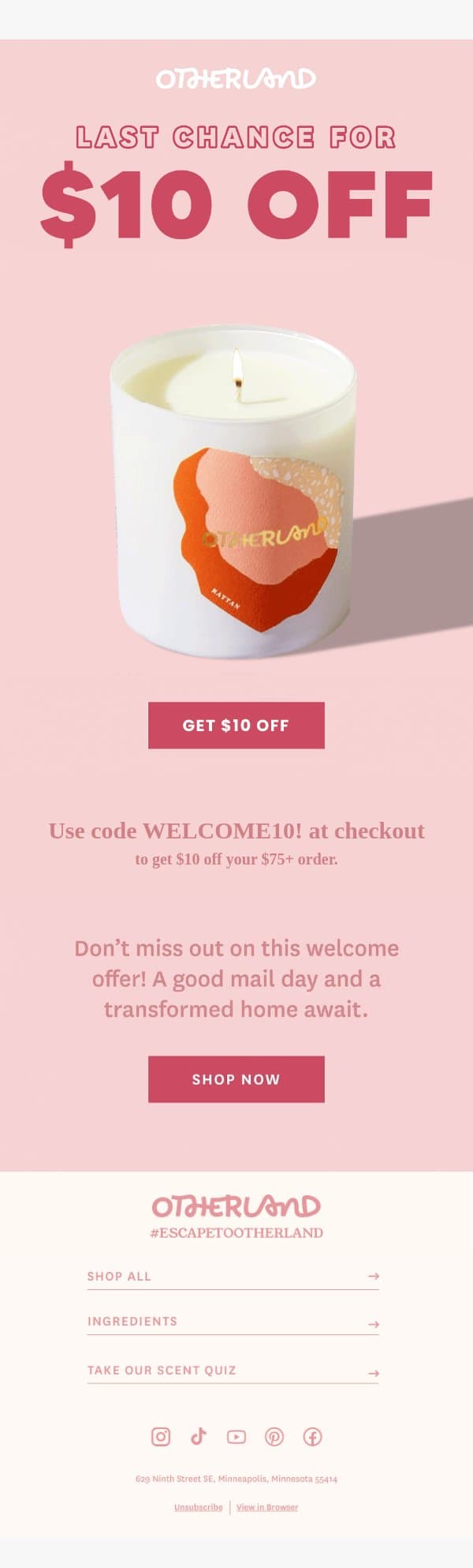 Last call: enjoy $10 off your order today email from Otherland screenshot