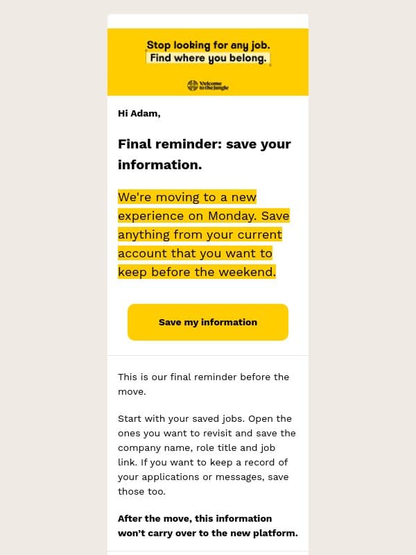 Final reminder: save your jobs before Monday email from Otta