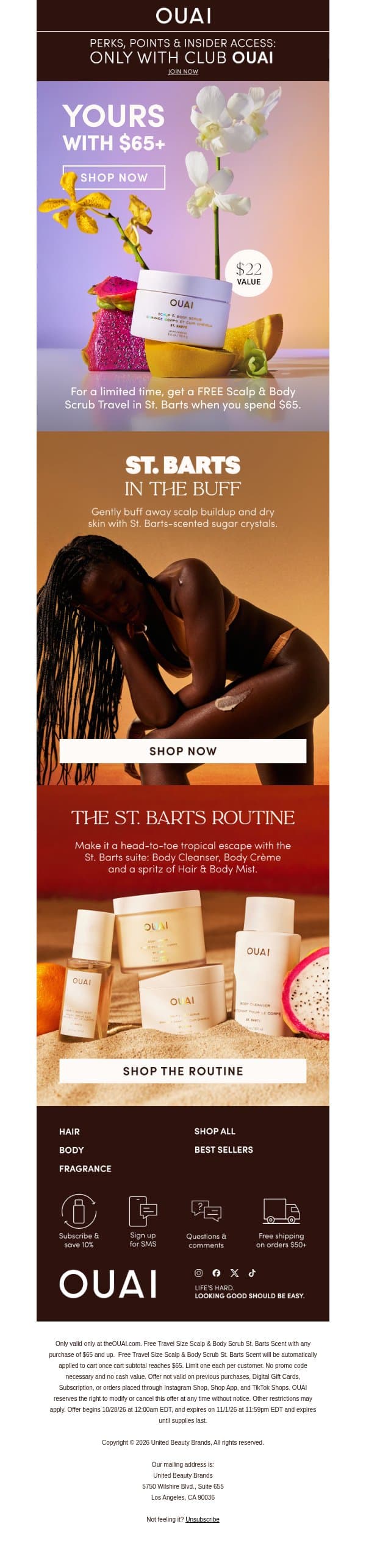 Free Scalp & Body Scrub with $65+ email from OUAI screenshot