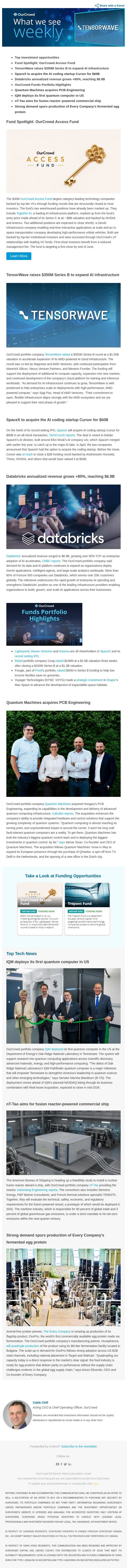 TensorWave raises $350M + SpaceX to acquire Cursor email from OurCrowd screenshot