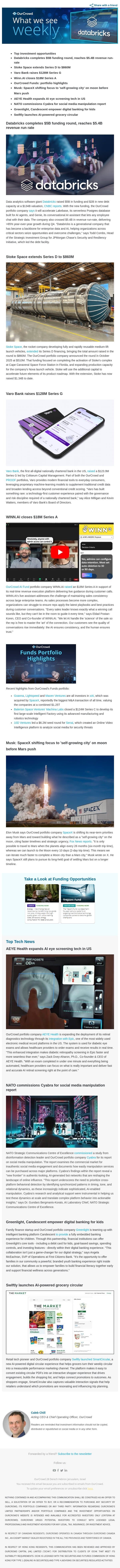 Databricks raises $5B + SpaceX targets lunar city email from OurCrowd screenshot