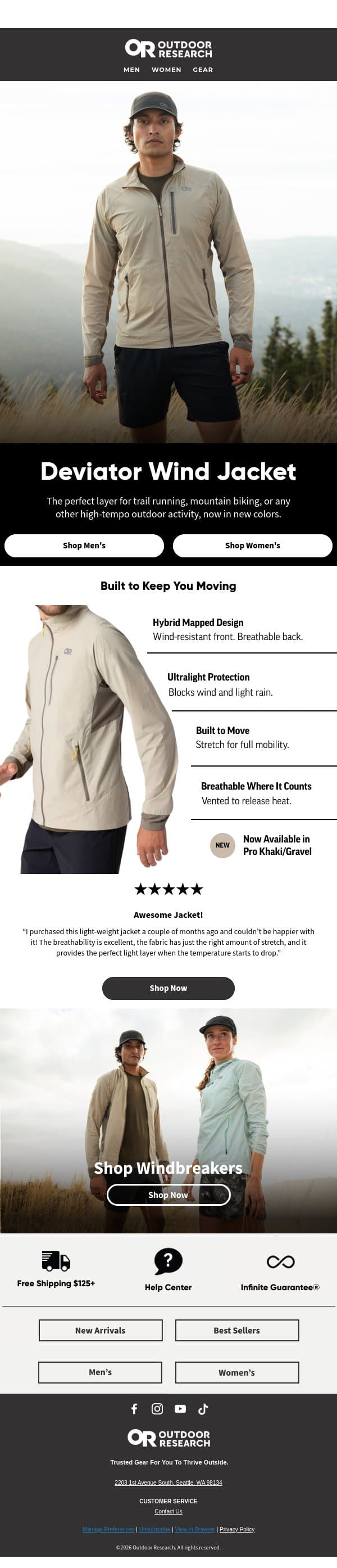 One Layer. All Your Miles. email from Outdoor Research screenshot