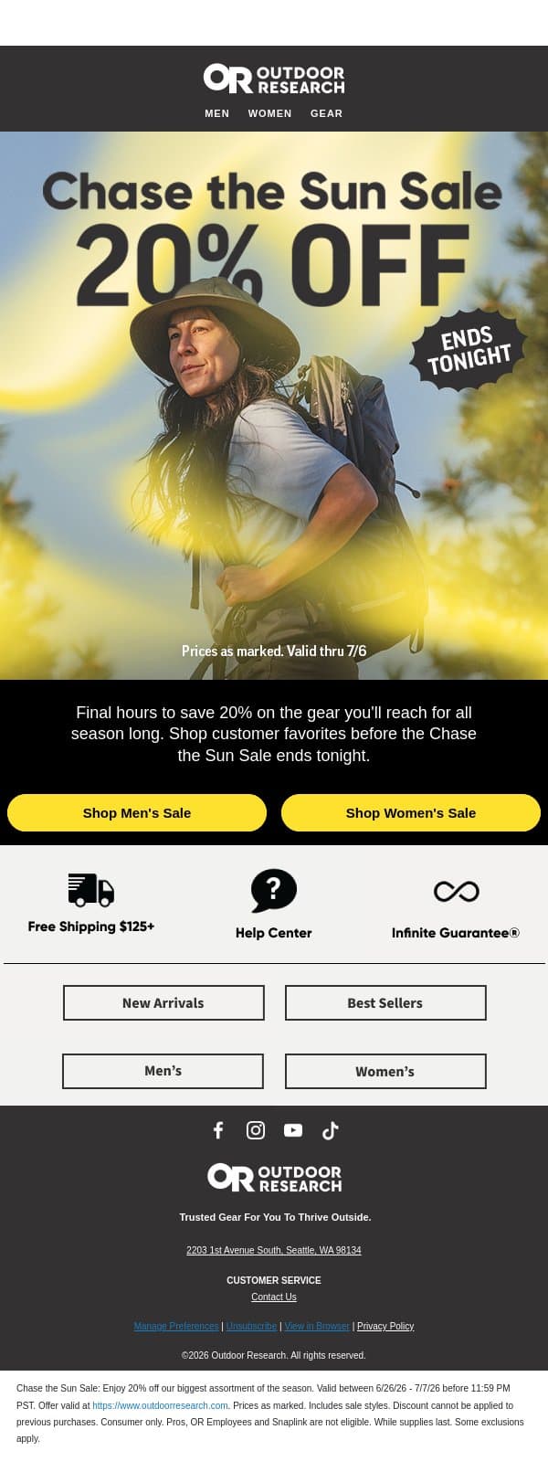Hours Left: Save 20% email from Outdoor Research screenshot