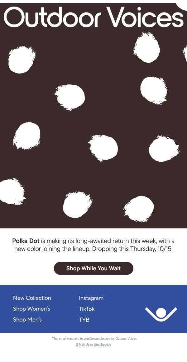 WE'RE SEEING SPOTS email from Outdoor Voices screenshot