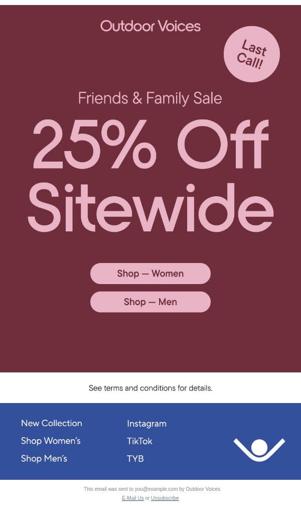 LAST CALL: 25% OFF SITEWIDE email from Outdoor Voices screenshot