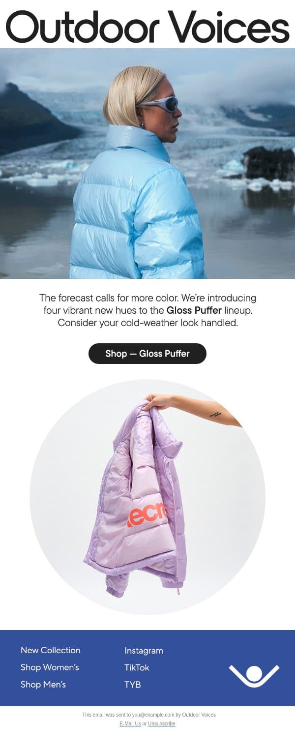 NEW: GLOSS PUFFER email from Outdoor Voices screenshot