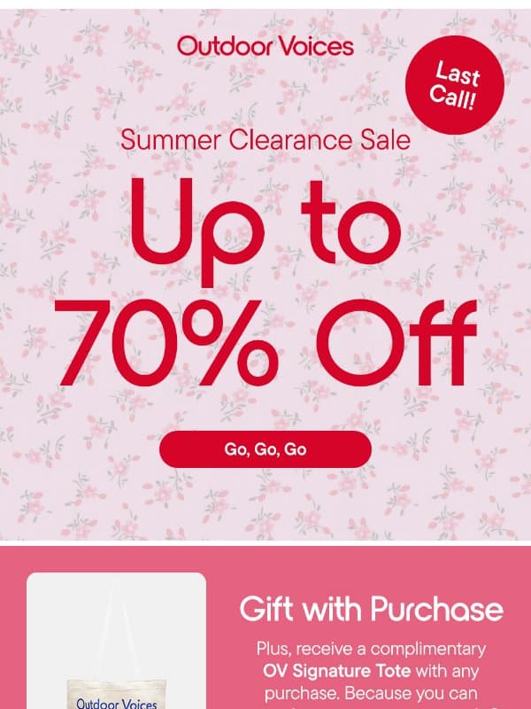 LAST CALL FOR UP TO 70% OFF email from Outdoor Voices