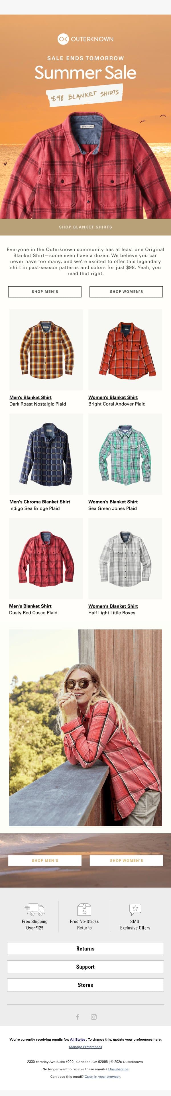 Last Chance For $98 Blanket Shirts email from Outerknown screenshot