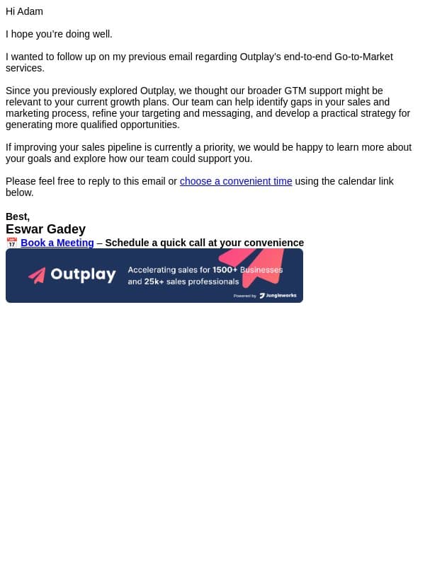 A Quick Follow-Up on Your GTM Growth Plans email from Outplay