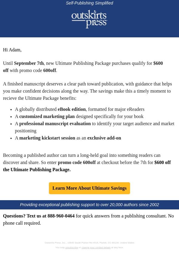 Adam, get $600 off our Ultimate package email from Outskirts Press screenshot
